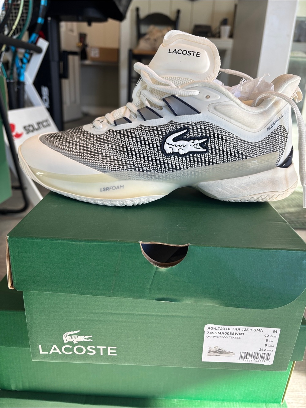 Lacoste Men’s AG-LT23 Ultra White and Grey Knit Tennis Sneakers with Croc Logo